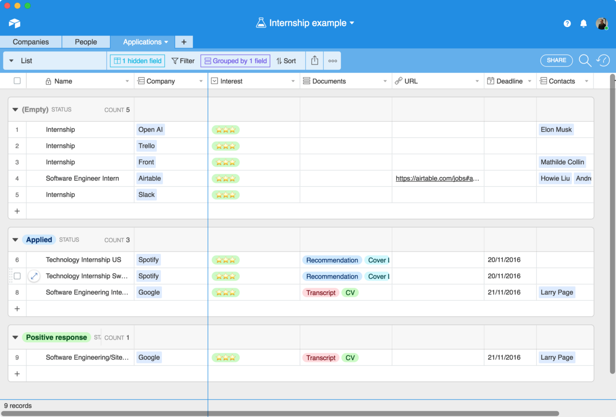 Table to applications (grouped) in Airtable