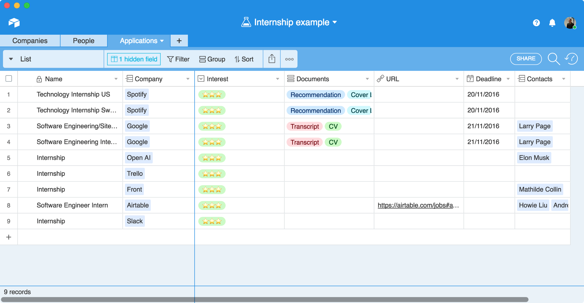 Table to applications in Airtable