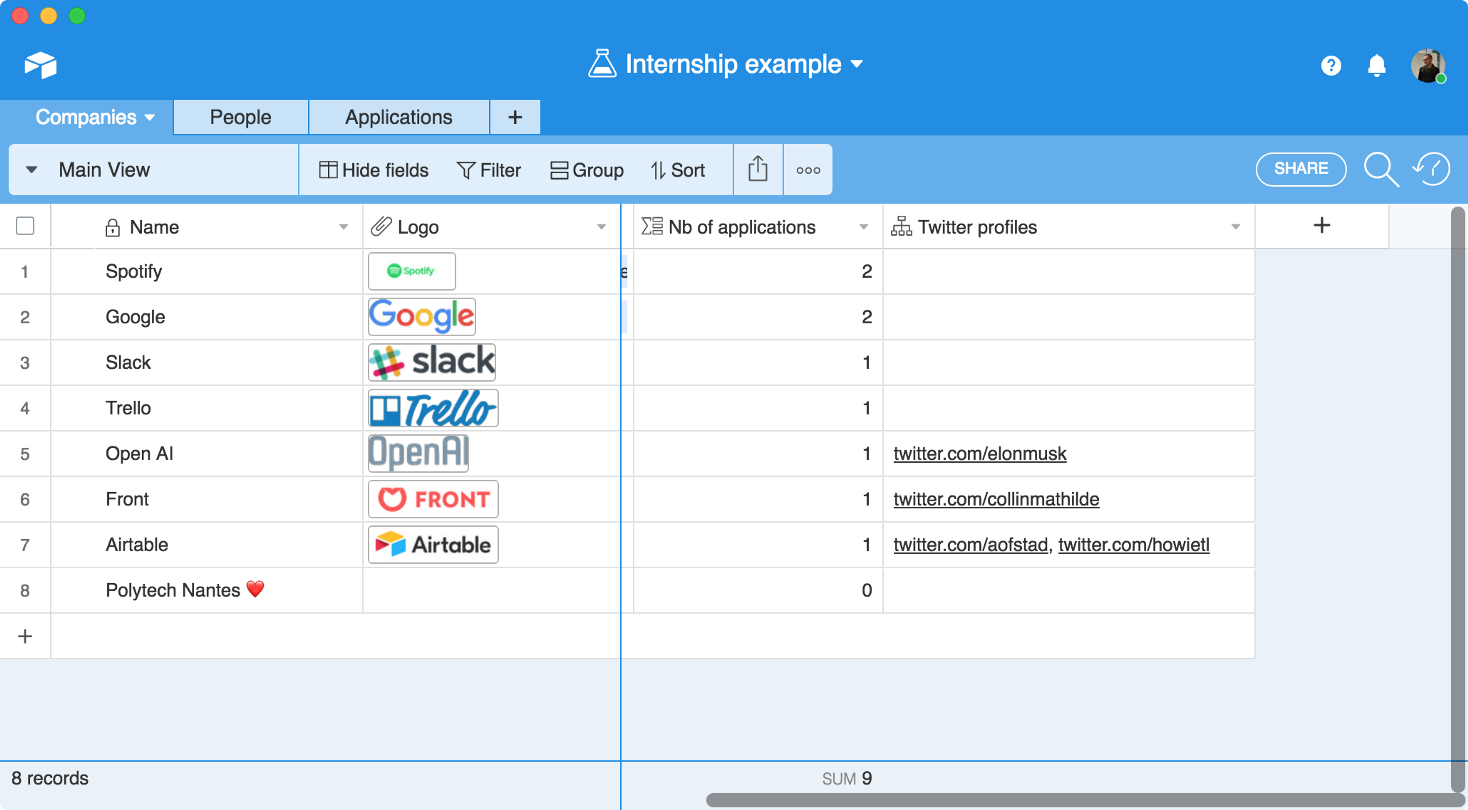 Table to companies (with rollup column) in Airtable