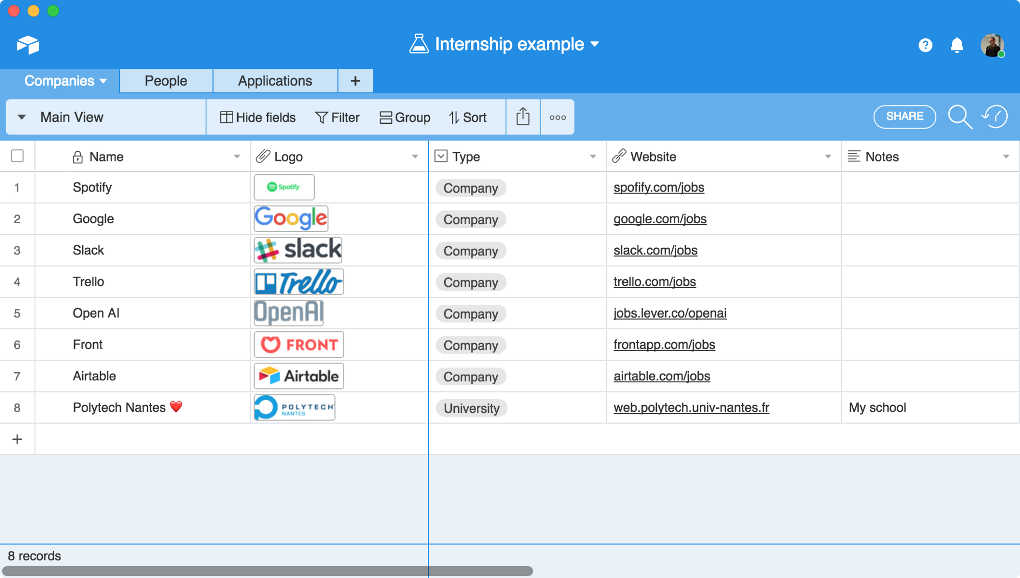 Table to list companies in Airtable